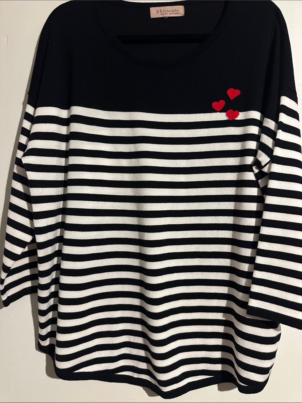 Philosophy Black & White Striped Sweater with Red Heart Accents